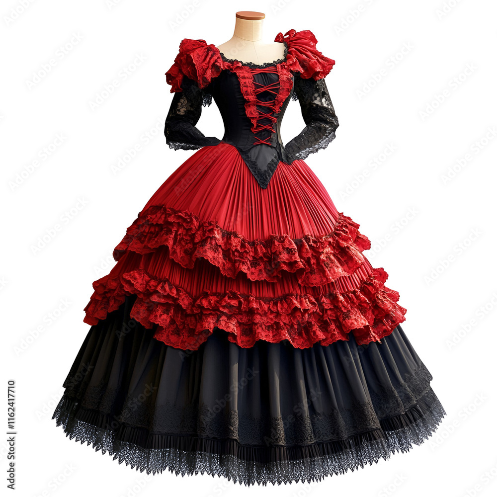 Obraz premium Elegant Red and Black Victorian Ball Gown with Lace Ruffles