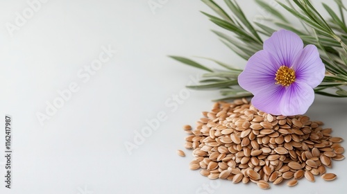 Decorative flower alongside a mound of sesame seeds on a light background