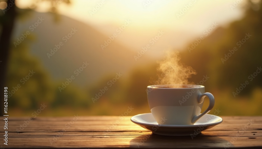 Cup of hot coffee on wooden table in background against blurred green background, close up. Space for text Cup of hot coffee on wooden table in background against blurred green background, close up. Space for text
