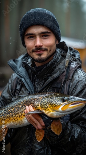 Young Fisherman in Low Quality Mobile Phone Photo, potential usecase for concepts of amateur photography, fishing and youth photo