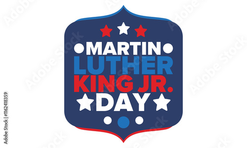 Martin Luther King, Jr. Day. Celebrated annual in United States in January, federal holiday. African American Rights Fighter. Patriotic american elements. Poster, card, banner, background. Vector