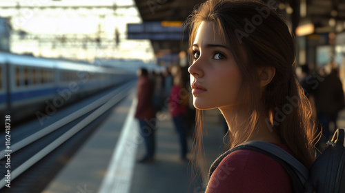 Sad upset girl with backpack at train station, getting ready to leave
