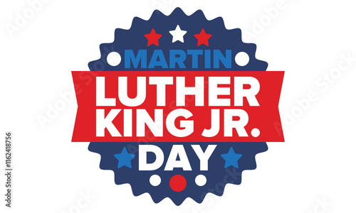 Martin Luther King, Jr. Day. Celebrated annual in United States in January, federal holiday. African American Rights Fighter. Patriotic american elements. Poster, card, banner, background. Vector