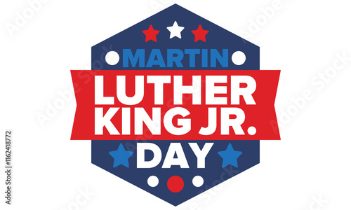Martin Luther King, Jr. Day. Celebrated annual in United States in January, federal holiday. African American Rights Fighter. Patriotic american elements. Poster, card, banner, background. Vector