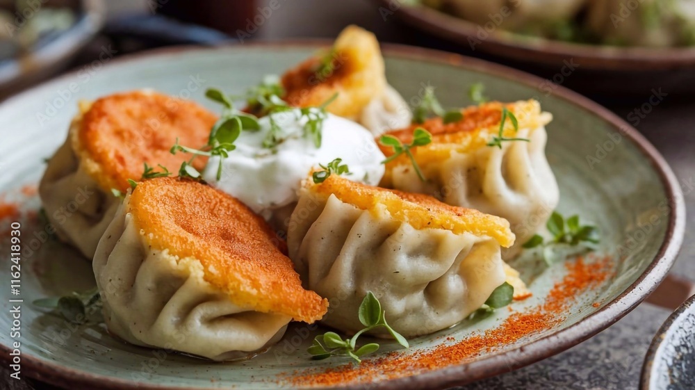 Close-up of golden fried dumplings with a dollop of sour cream on a rustic plate, garnished with herbs Close-up of golden fried dumplings with a dollop of sour cream on a rustic plate, garnished with herbs