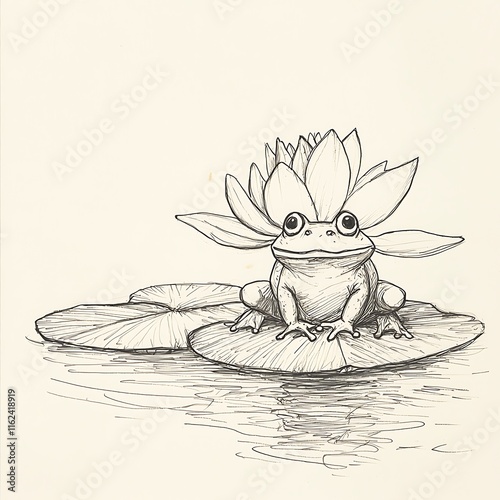 Pen and Ink Drawing of a Frog Sitting on a Lily Pad Wearing a Lotus Flower.