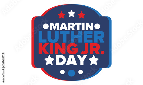 Martin Luther King, Jr. Day. Celebrated annual in United States in January, federal holiday. African American Rights Fighter. Patriotic american elements. Poster, card, banner, background. Vector