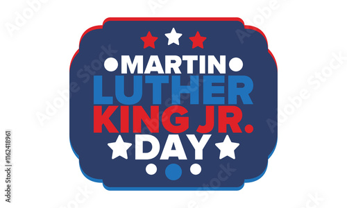 Martin Luther King, Jr. Day. Celebrated annual in United States in January, federal holiday. African American Rights Fighter. Patriotic american elements. Poster, card, banner, background. Vector