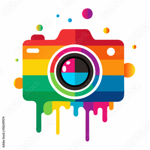Artistic Camera Illustration with Colorful Paint Splatter Effect and Vibrant Details