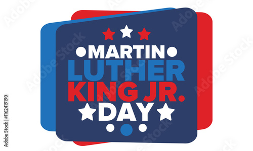 Martin Luther King, Jr. Day. Celebrated annual in United States in January, federal holiday. African American Rights Fighter. Patriotic american elements. Poster, card, banner, background. Vector