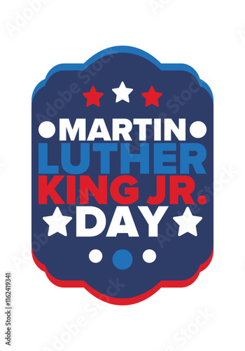 Martin Luther King, Jr. Day. Celebrated annual in United States in January, federal holiday. African American Rights Fighter. Patriotic american elements. Poster, card, banner, background. Vector