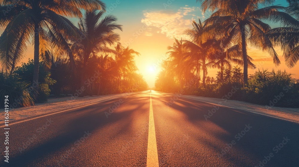 67.Summer background of road with palms and sunset time. A palm trees lined road. Sunset landscape road with palm trees by sides: 67.Summer background of road with palms and sunset time. A palm trees lined road. Sunset landscape road with palm trees by sides: