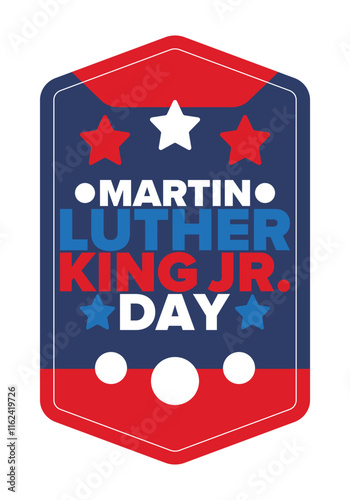 Martin Luther King, Jr. Day. Celebrated annual in United States in January, federal holiday. African American Rights Fighter. Patriotic american elements. Poster, card, banner, background. Vector