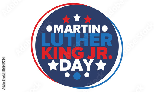 Martin Luther King, Jr. Day. Celebrated annual in United States in January, federal holiday. African American Rights Fighter. Patriotic american elements. Poster, card, banner, background. Vector