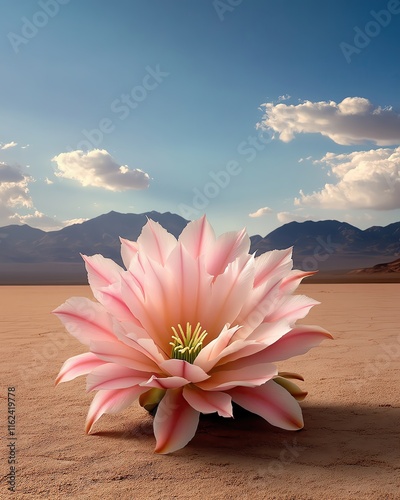 a stark desert landscape with a single blooming cactus, symbolizing survival and beauty in hardship photo