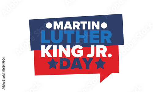 Martin Luther King, Jr. Day. Celebrated annual in United States in January, federal holiday. African American Rights Fighter. Patriotic american elements. Poster, card, banner, background. Vector