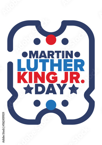 Martin Luther King, Jr. Day. Celebrated annual in United States in January, federal holiday. African American Rights Fighter. Patriotic american elements. Poster, card, banner, background. Vector