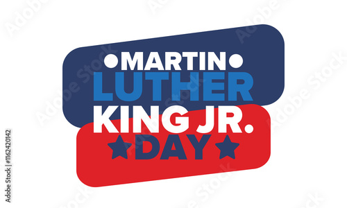 Martin Luther King, Jr. Day. Celebrated annual in United States in January, federal holiday. African American Rights Fighter. Patriotic american elements. Poster, card, banner, background. Vector