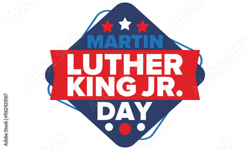 Martin Luther King, Jr. Day. Celebrated annual in United States in January, federal holiday. African American Rights Fighter. Patriotic american elements. Poster, card, banner, background. Vector