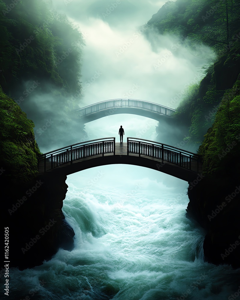 Fototapeta premium a narrow bridge above a turbulent river, with a lone figure crossing, symbolizing fear and courage
