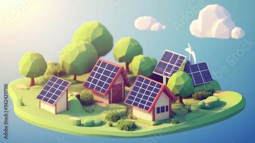 91.Solar energy concept. Alternative energy sources and sustainable lifestyle. Low poly model of trees and solar panels. Care about nature and environment. Cartoon isometric vector illustration: photo