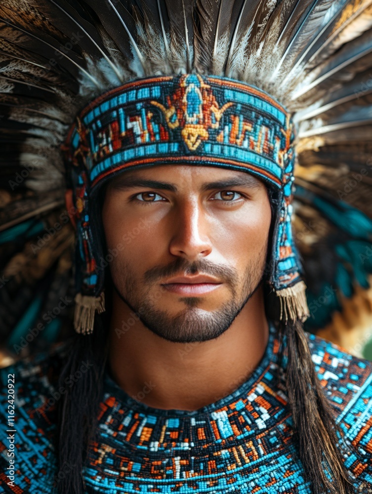 Fototapeta premium Portrait of a man in traditional attire with a feathered headdress, showcasing cultural heritage.