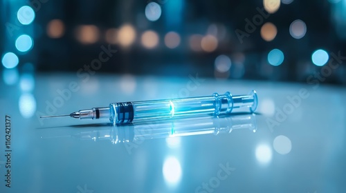 Syringe with glowing blue liquid on reflective surface.