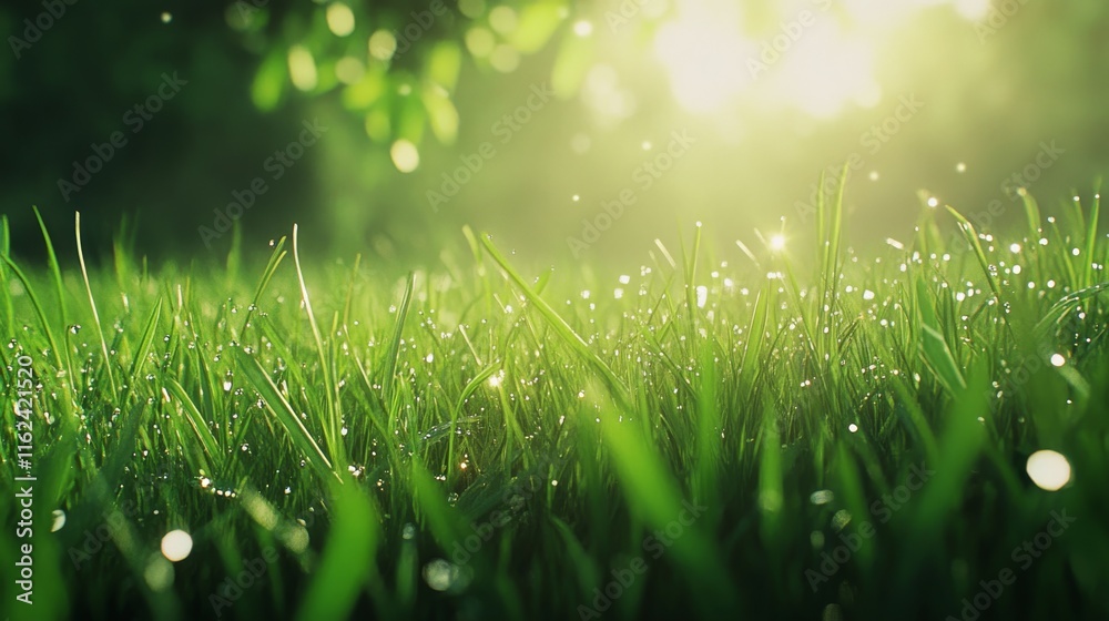 Fototapeta premium 20.Close-up of a green lawn with evenly trimmed, vibrant grass, glistening with morning dew in a serene park setting, the sunlight softly illuminating the blades and creating a fresh, inviting scene.