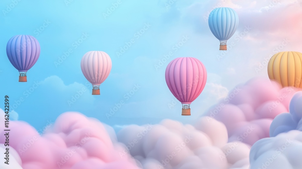 Obraz premium A dreamy sky filled with soft pastel clouds and colorful hot air balloons floating gracefully