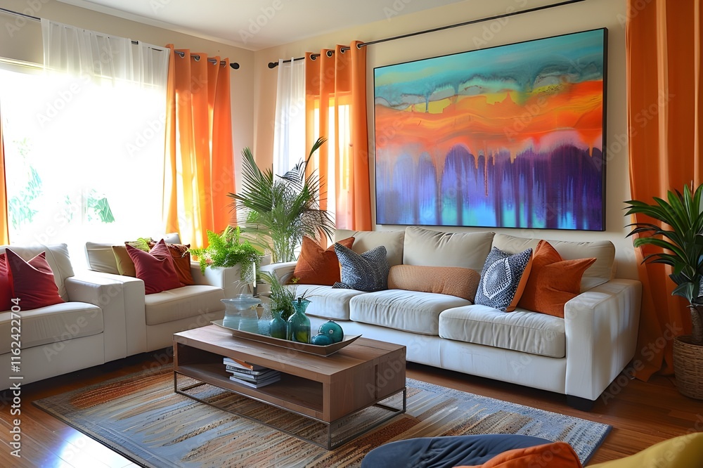 Fototapeta premium Photograph of the interior with painting concept hanging on the wall in the living room