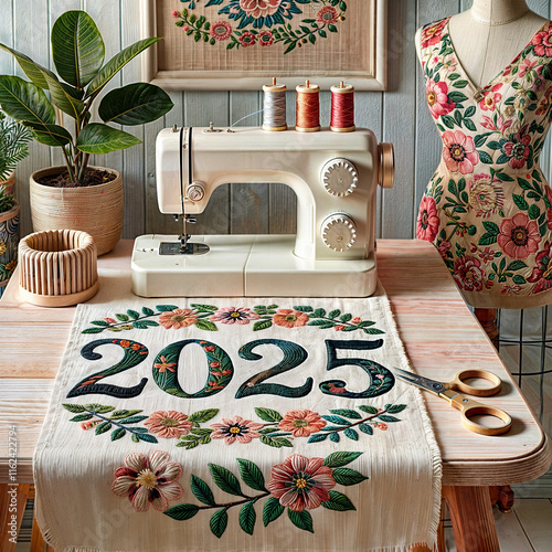 The image shows a table with a floral cloth, decorative numbers spelling out 