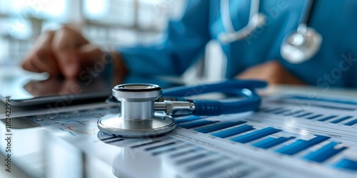 Stethoscope placed on medical charts with a healthcare professional using a tablet , modern medical diagnostics