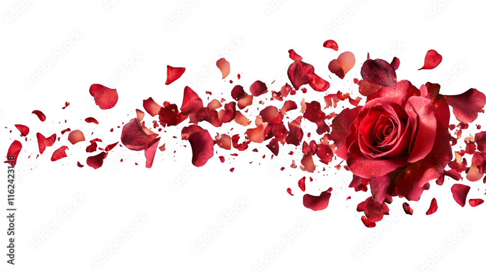 Stream of red rose petals exploding from a blooming rose on transparent background, ideal for romantic compositions Stream of red rose petals exploding from a blooming rose on transparent background, ideal for romantic compositions