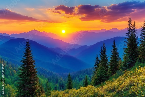 Majestic Mountain Sunset Over Lush Evergreen Forest