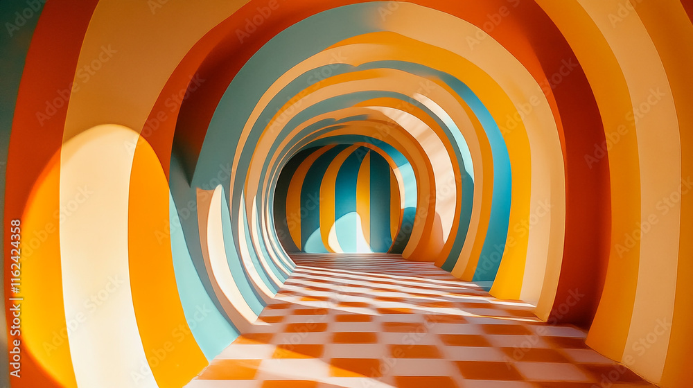 Obraz premium Vibrant tunnel with colorful curved walls and patterned floor creates a lively atmosphere