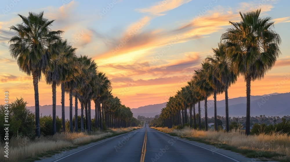 72.Endless road bordered by rows of palm trees, bathed in the soft colors of a sunset; the sky transitions from a warm golden glow to deep twilight blues, creating a peaceful, summery landscape. 72.Endless road bordered by rows of palm trees, bathed in the soft colors of a sunset; the sky transitions from a warm golden glow to deep twilight blues, creating a peaceful, summery landscape.