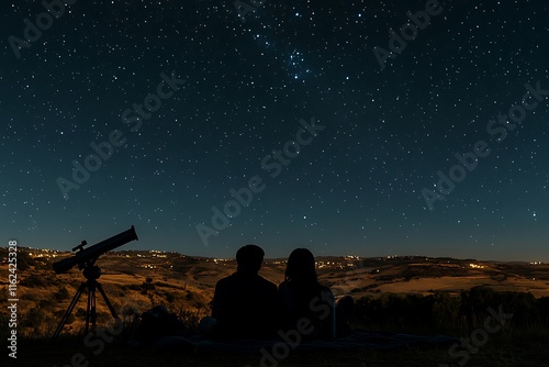 A couple observing the night sky with a telescope.