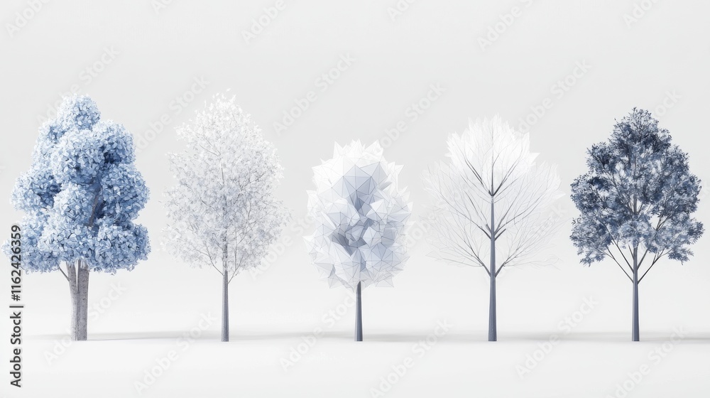 27.Set of low-poly trees with diverse shapes and sizes, each designed with simple polygonal leaves and trunks in a clean, stylized 3D format, perfect for a minimalist or abstract landscape. 27.Set of low-poly trees with diverse shapes and sizes, each designed with simple polygonal leaves and trunks in a clean, stylized 3D format, perfect for a minimalist or abstract landscape.