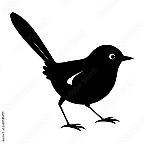 Silhouetted illustration of a small songbird.