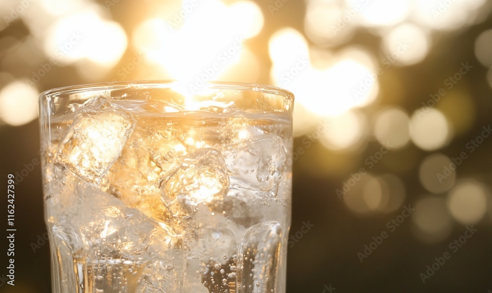 Sparkling water with ice in glass, sunset bokeh. Sparkling water with ice in glass, sunset bokeh.