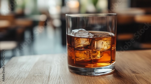 Glass of whiskey with ice on a wooden table in a bar.