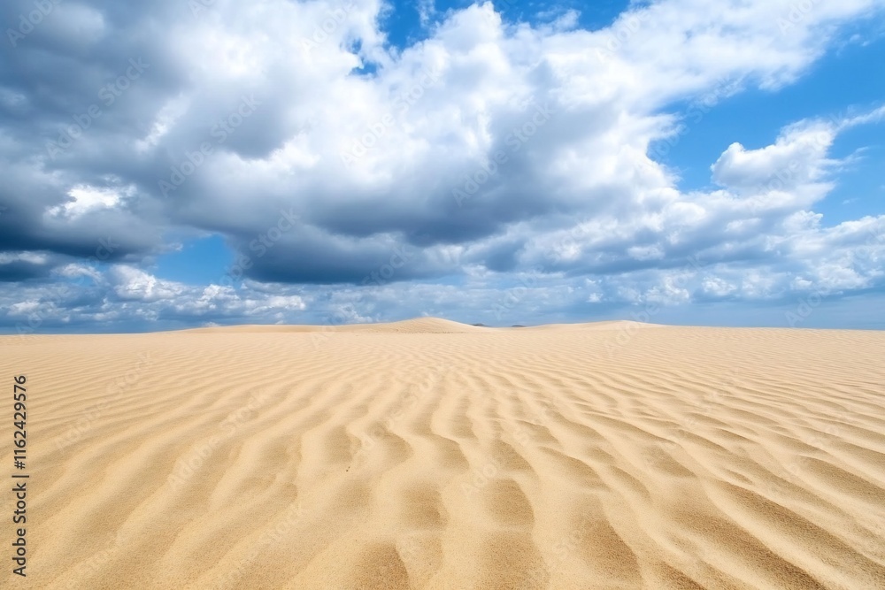 A serene desert landscape with rippled sand and dramatic clouds. A serene desert landscape with rippled sand and dramatic clouds.