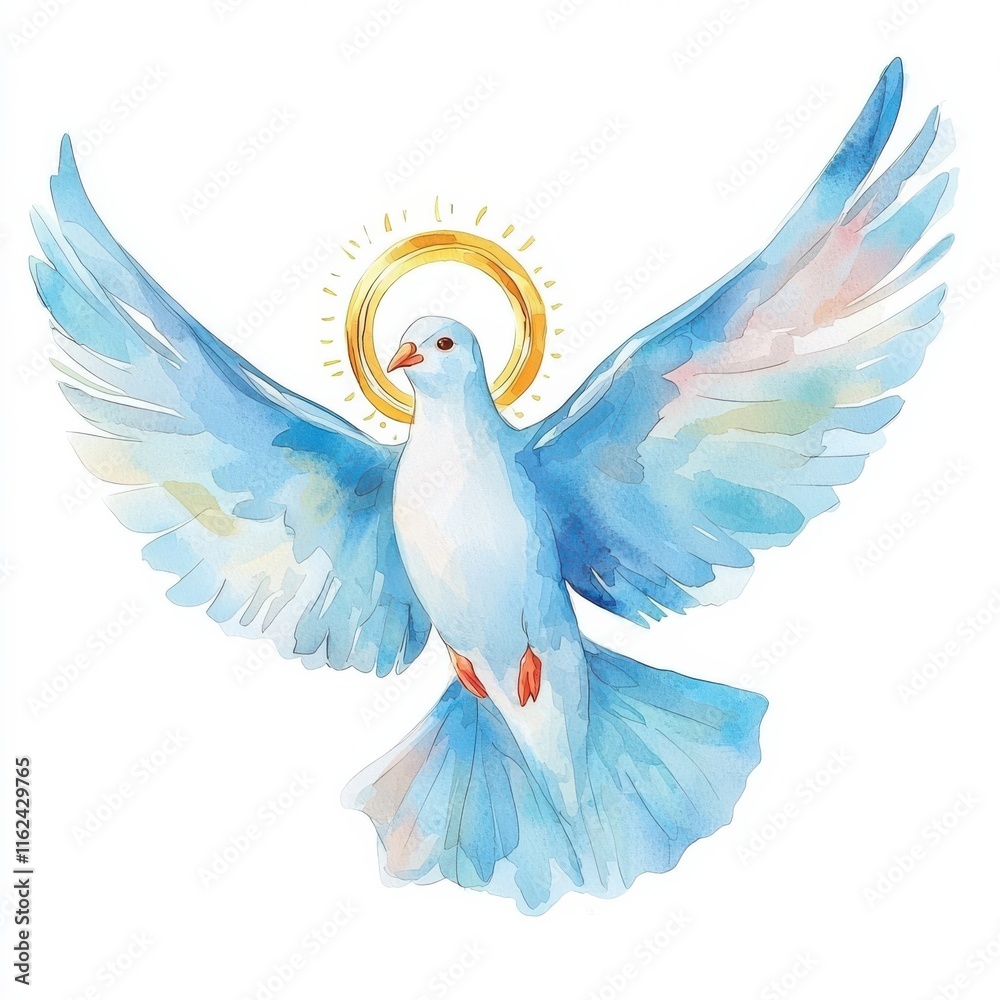 Obraz premium Easter religious clipart. Flying dove with blue wings and a golden halo, symbolizing peace and spirituality.