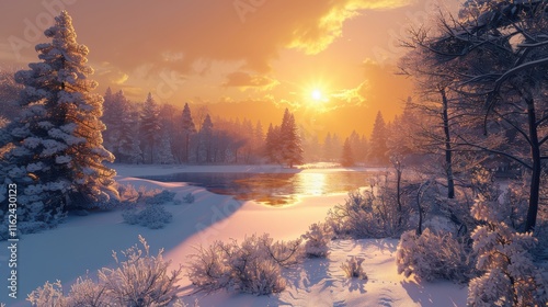 erene Winter Landscape - Snowy Forest and Sunset Photography photo