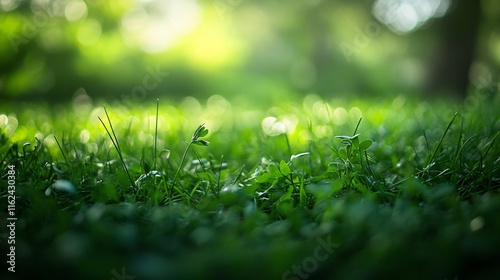 A lush green field with a single grass blade in the foreground