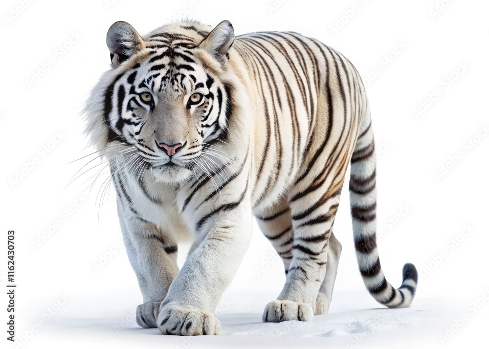 Obraz premium Isolated on white, a regal white tiger's elegant walk commands attention in a panoramic portrait.