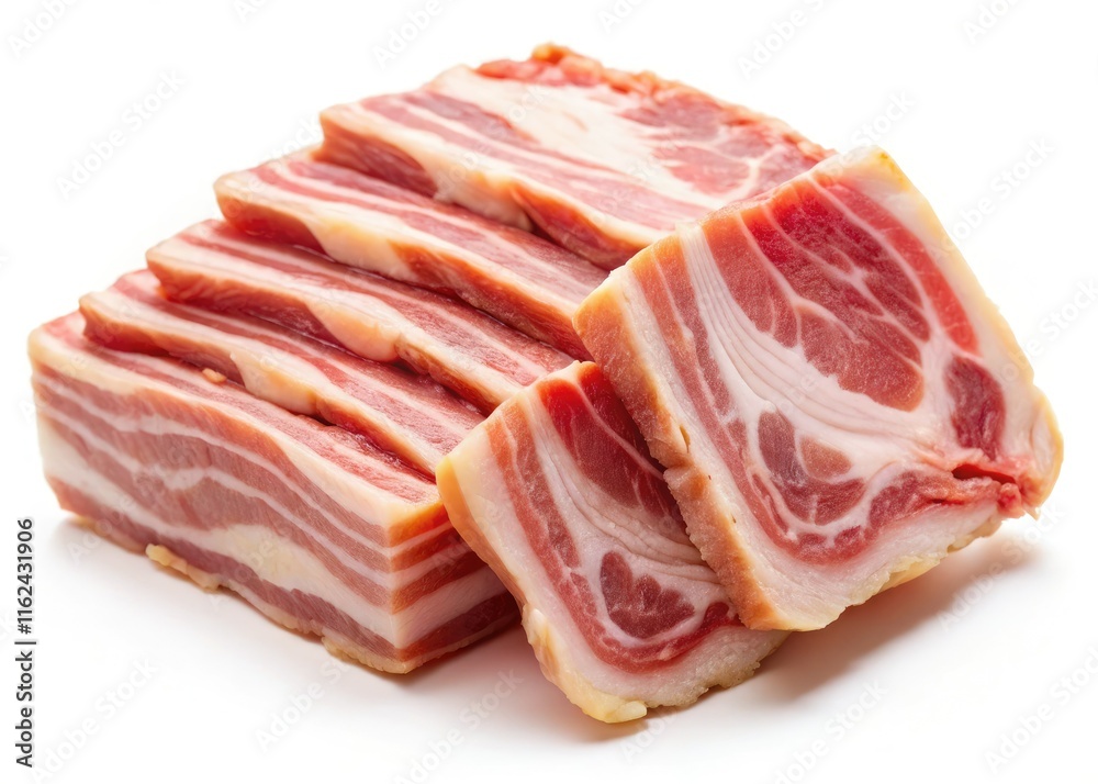 Isolated pancetta: a detailed macro shot reveals the cured pork belly's rich texture on stark white. Isolated pancetta: a detailed macro shot reveals the cured pork belly's rich texture on stark white.