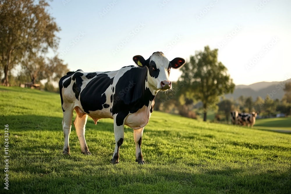 A black-and-white cow stands on green grass with trees and hills in the background. A black-and-white cow stands on green grass with trees and hills in the background.