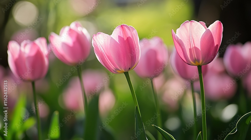 Obraz premium Delicate Pink Tulips Blooming Beautifully in Springtime Garden Setting