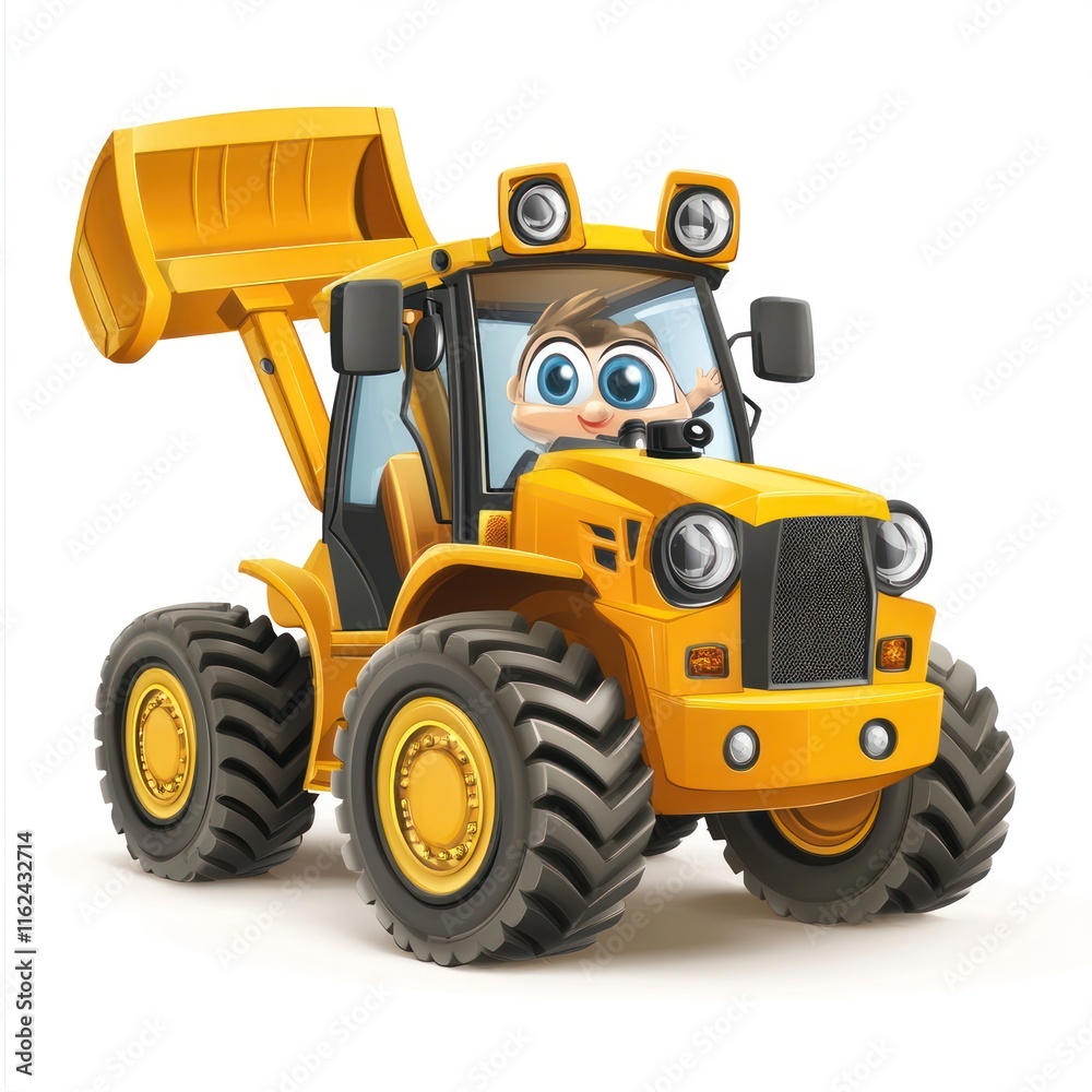 Friendly Front Loader with raised bucket and waving. vector style art 3d illustration Isolated on White Background Friendly Front Loader with raised bucket and waving. vector style art 3d illustration Isolated on White Background